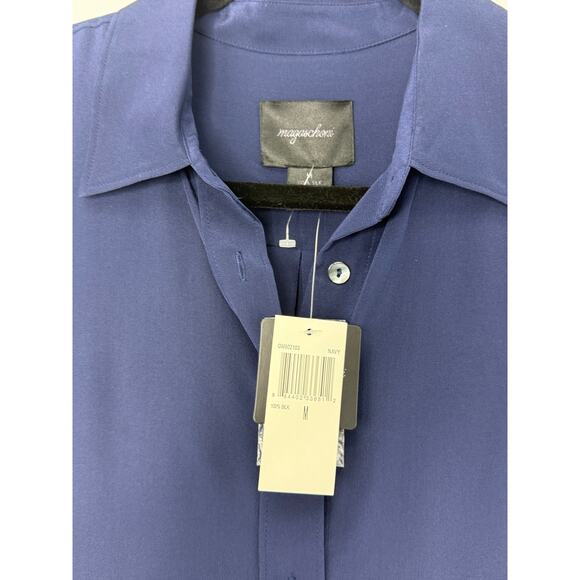 Magaschoni 100% Silk Button Down Navy Blue Blouse M Quiet Luxury Mininalist - Picture 2 of 6